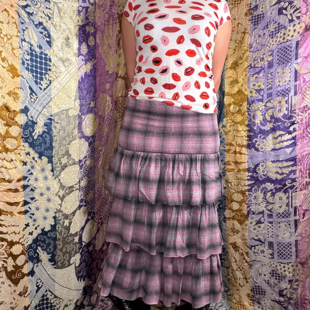 Pink Plaid Fairy Grunge Smock Waist Tiered Indie Sleeze Maxi Skirt Size S